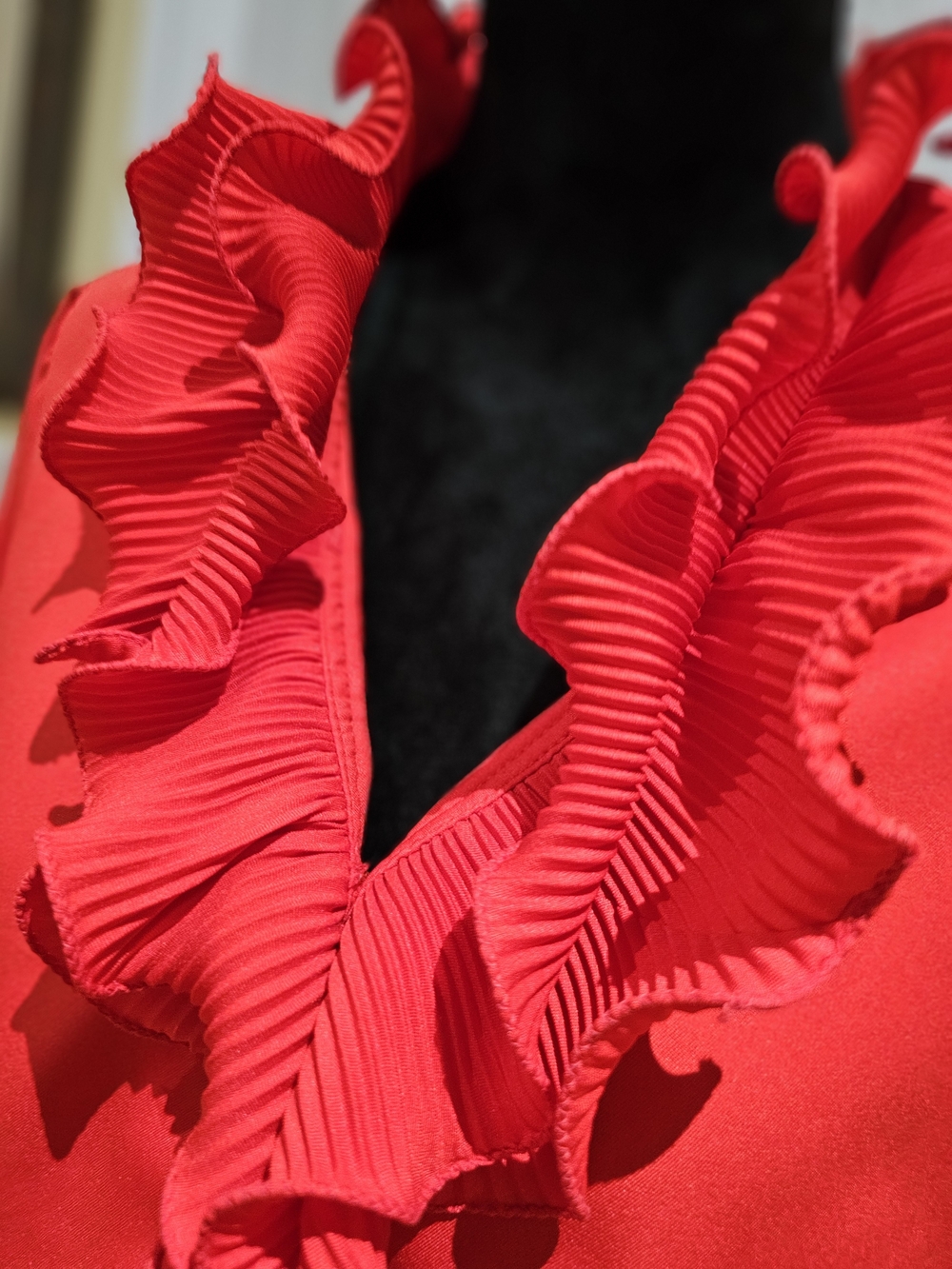 Women's Red Ruffle V-Neck Button Front Blouse - Picture 2 of 10